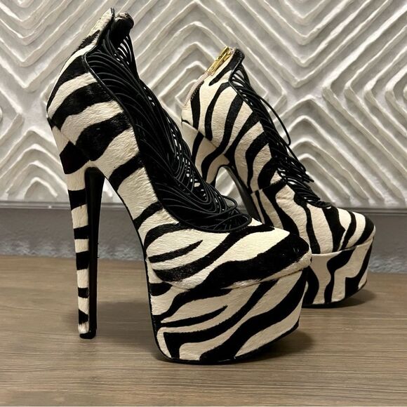 NEW London Trash Leather  Black White Zebra Fur Platform Stiletto Heel 7 - Picture 6 of 12